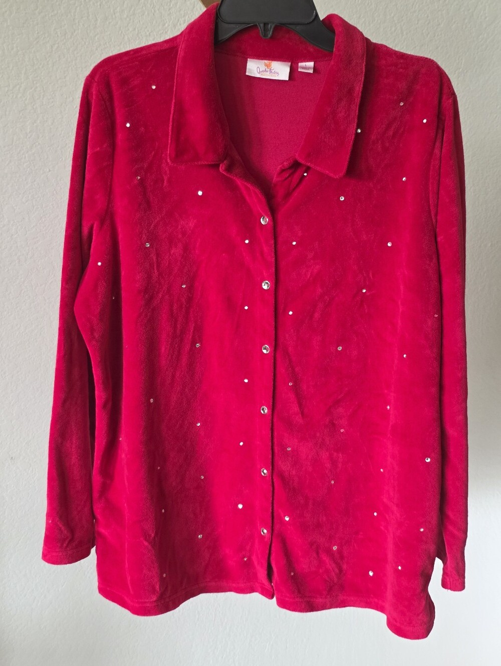 Quacker Factory Red Velour Rhinestone Button Front Cardigan Jacket Size Large - Picture 7 of 11